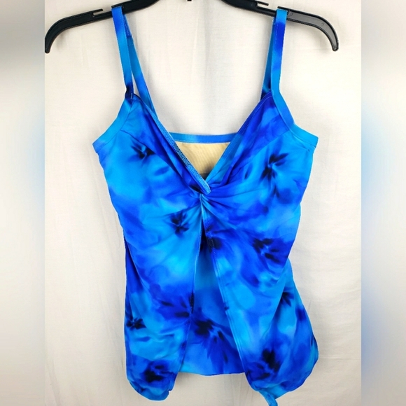 Miraclesuit Love Knot Tankini Blue Open Front Patterned Swimtop Sz 12 - Picture 1 of 8